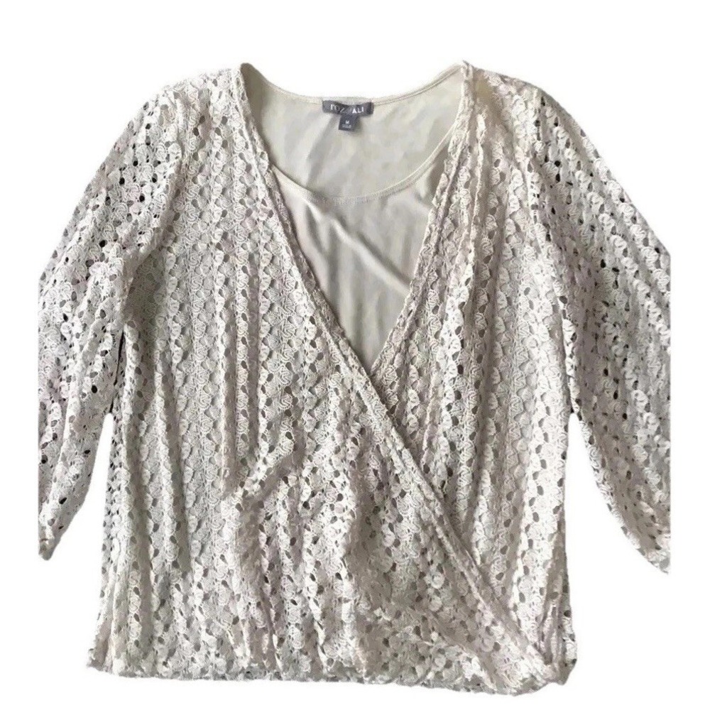 Women's Open Weave Drapey Wrap Crochet Lined Lace Top M Lined Cream Crossover